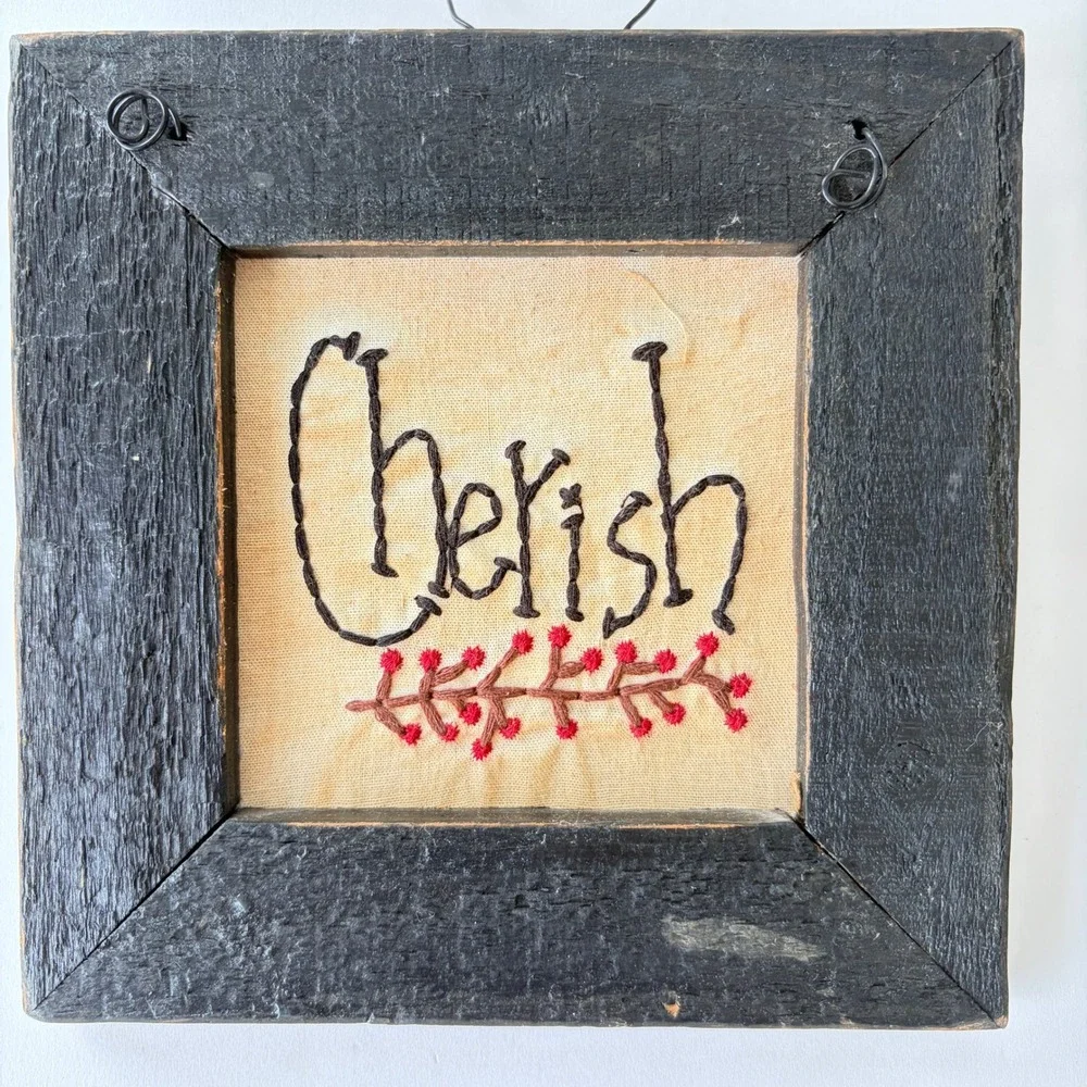 Primitive Folk Art Embroidered Framed Art Set Cherish Heart Home Family Black